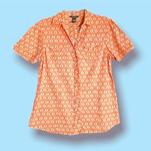 Bit & Bridle Orange/White button down shirt, Size Medium.